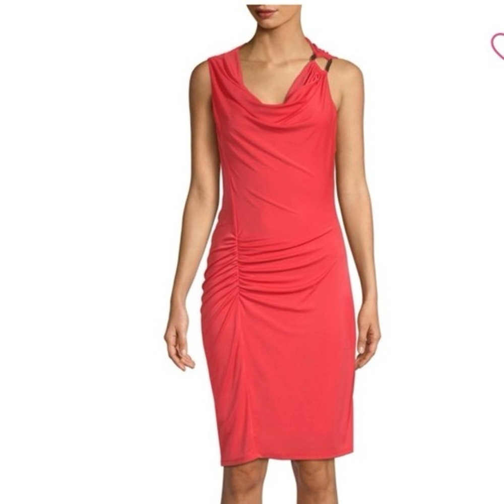 Halston Heritage Ruched Jersey Dress Cowl Neck Gold Detail, Size M